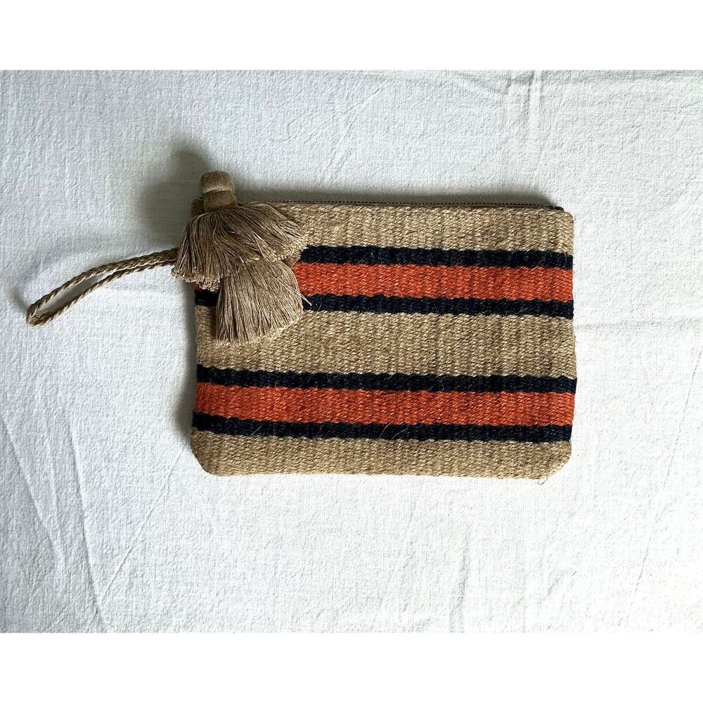 J.Jill Jute Wristlet-Clutch-Purse-Pouch Orange & Navy Stripe